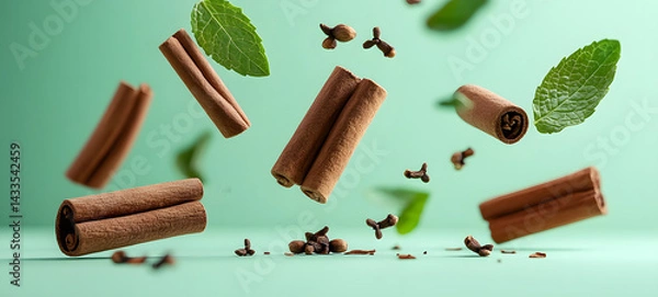 Obraz pieces of cloves, cinnamon sticks, spearmint leaves, suspended mid-air scattered and floating