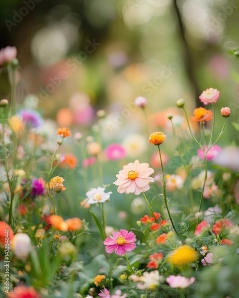 Fototapeta A beautiful colorful garden is filled with many wildflowers in bloom