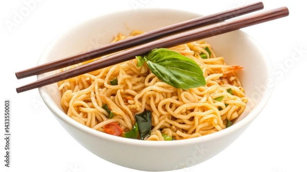 Obraz Bowl of noodles with chopsticks and basil on transparent background