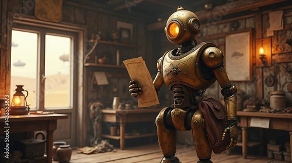 Obraz Steampunk Robot Explorer in a Deserted Workshop Generate AI