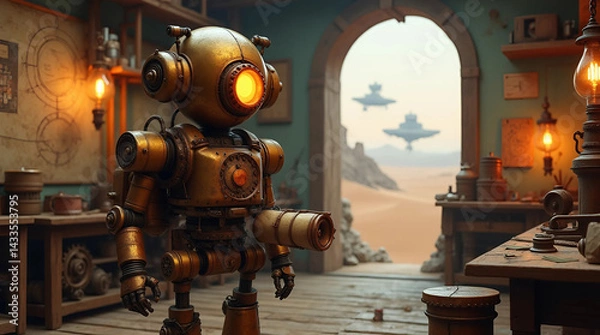 Obraz Steampunk Robot Explorer in a Deserted Workshop Generate AI
