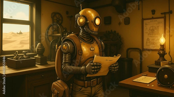 Obraz Steampunk Robot Explorer in a Deserted Workshop Generate AI
