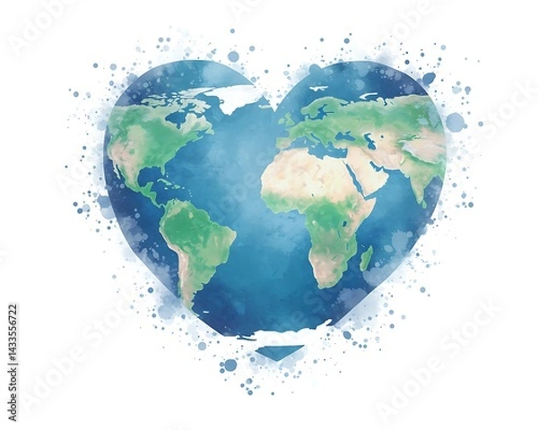 Fototapeta Earth Globe Shaped as Heart Embracing Conservation in Watercolor Style for Environmental Day, Showing Africa, Europe, Americas, Oceans