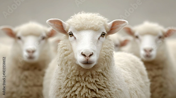 Fototapeta Close Up Portrait Of A White Sheep With Focused Eyes And Soft Fur Standing In A Farm With Other Blurred Sheep In The Background