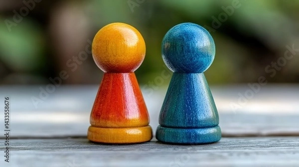 Fototapeta Two wooden game pieces, one blue and one orange, placed on a wooden table with a blurred background, showcasing a minimalist game element scene.