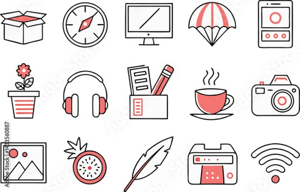 Obraz Minimalist Icon Set for Modern Design Projects. Clean and Simple Icons for Web and Print Designs. Stylish Minimalist Icon Collection for Digital Use. Geometric and Simple Icons for Professional