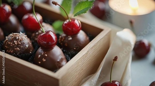 Fototapeta Wooden box filled with dark chocolate truffles. the box is placed on a white surface and there are several cherries scattered around it. the cherries are bright red and appear to be freshly picked.