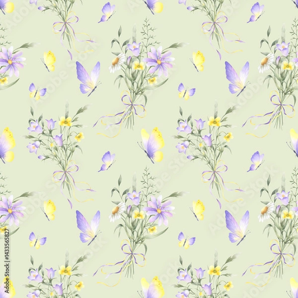 Fototapeta Wildflowers bellflower, buttercup and meadow grasses in bouquets tied ribbon bow and butterflies. Seamless flower watercolor pattern on light green. Hand drawn illustration in yellow and lilac colors