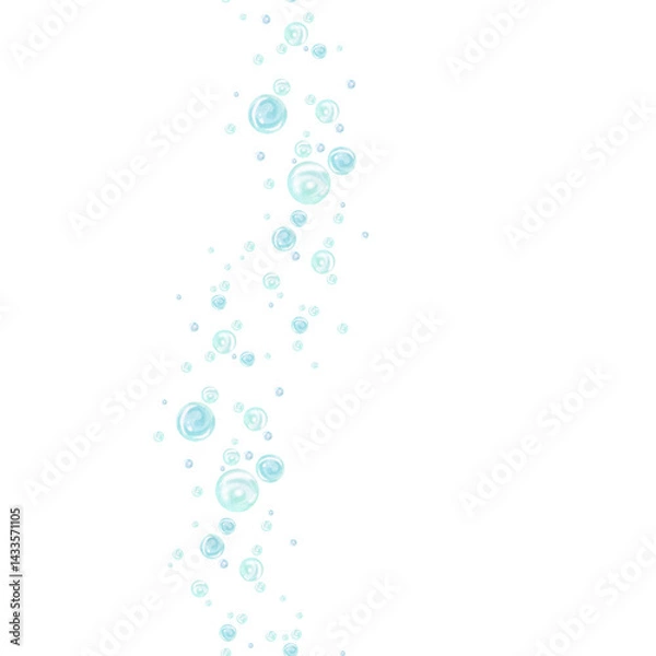 Fototapeta Turquoise and blue water bubbles of different sizes and tones in chaotic order. Vertical seamless border. Watercolor illustration drawn by hand isolated from background for nautical and marine design.