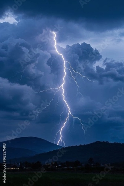 Fototapeta lightning strikes through the sky over a mountain range in a storm