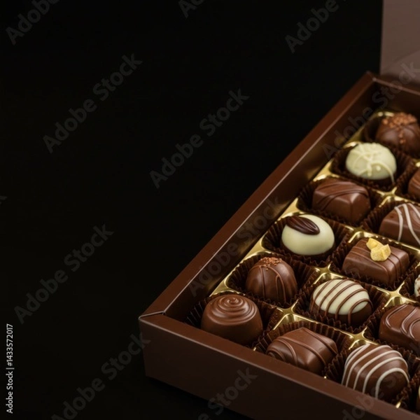 Fototapeta Assorted chocolates elegantly arranged in a dark box  