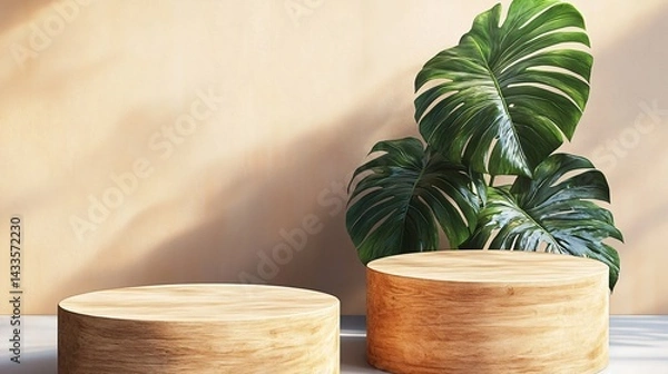 Fototapeta Two wooden podiums and green monstera plant against neutral background for natural product display mockup