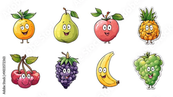 Obraz Funny fruit cartoon stickers collection PNG with smiling banana cherry apple and more