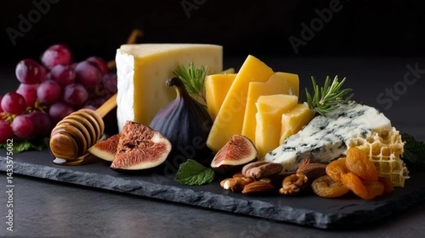 Obraz Artisan Cheese Board Featuring Various Cheeses and Fresh Grapes
