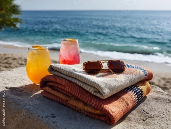 Obraz Bright Beach Scene with Towels, Sunglasses, and Refreshing Drinks