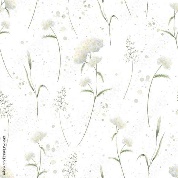 Fototapeta Seamless floral pattern of watercolor wildflowers yarrow and field grasses isolated from background. Hand drawn sketch meadow white flowers and wild greenery for fabric print, textile and cards.
