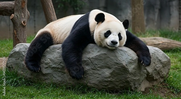 Fototapeta A charming giant panda with its distinctive black and white fur lies comfortably sprawled across a large rock, appearing relaxed and peaceful in its enclosure.