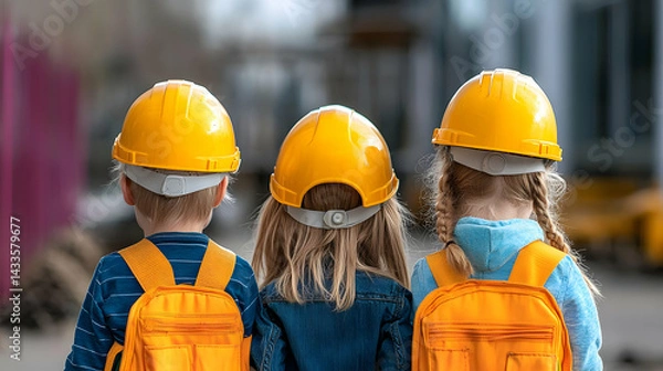Fototapeta Three Children Wearing Safety Helmets and Vests Stand Together Observing Construction Site