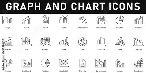 Obraz Graph and Chart Icons vector illustration with thin line editable stroke containing statistics, performance, candlestick, pie chart, dashboard, analysis, trend, profit, level, business, growth, report