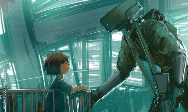 Fototapeta A heartwarming sci-fi illustration series depicting the bond between a young girl and a guardian robot in a post-apocalyptic world. Emotional storytelling through atmospheric scenes.