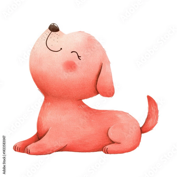 Obraz A cartoon dog is sitting on the ground and looking up at the sky. The dog is smiling and he is happy