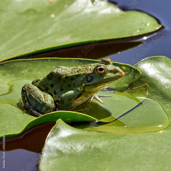 Fototapeta Marsh frog sitting on a water lily leaf in the picturesque forest lake in the Dnieper Delta