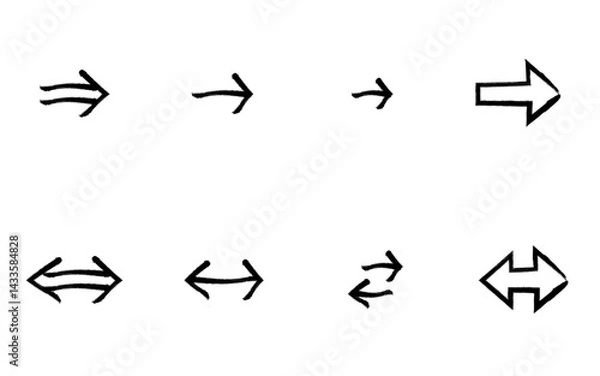 Fototapeta 手描きの白黒でかわいいシンプルな矢印アイコンのセット、進むと入替