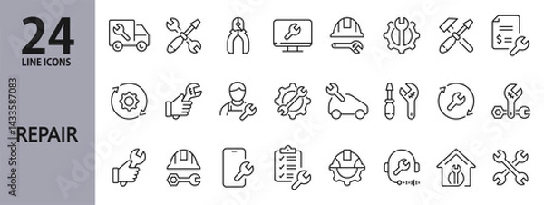 Obraz Repair line icons set with Service, Support, Workshop, Toolbox, Tool, Computer and more. Editable Stroke