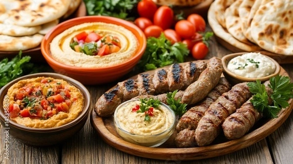 Fototapeta Assorted Middle Eastern dishes.  Hummus, grilled kebabs, pita bread, and colorful dips