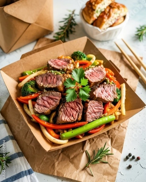 Fototapeta Flavorful beef stir-fry served with fresh vegetables and herbs in a takeout box at a cozy setting