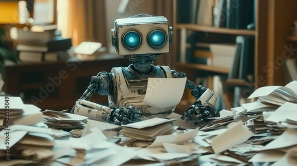 Obraz Robot reviews paper documents at cluttered desk, highlighting information overload in retro futuristic style.