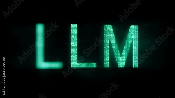 Fototapeta Glowing 'LLM' text in blue on a dark background with digital light effects