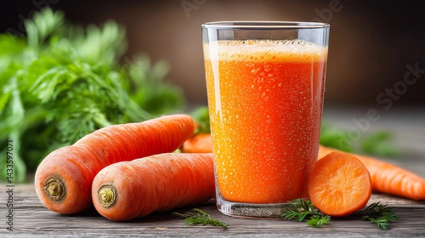 Fototapeta Fresh orange juice in a glass with sliced carrots and herbs on a wooden table