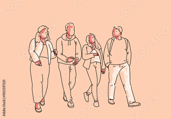 Fototapeta Group of people line drawing with simple color sketch vector illustration. Outline people relationship, business team, employees, diversity, togetherness, social concept.
