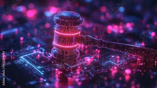 Fototapeta Digital gavel resting cyber circuit, symbolizing law, justice technology within artificial intelligence landscapes.