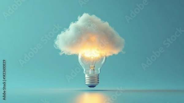 Obraz Glowing lightbulb encased by fluffy cloud, emits light represents innovative idea or technological concept.