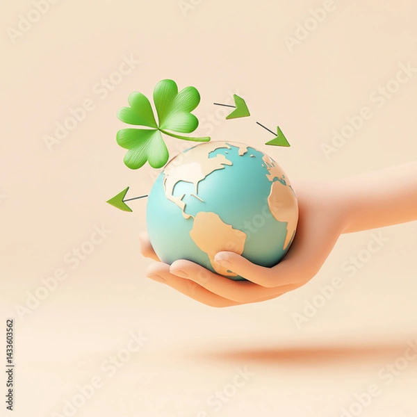 Obraz 3D icon of a hand holding a clover leaf and a globe with arrows around it, isolated on a light background