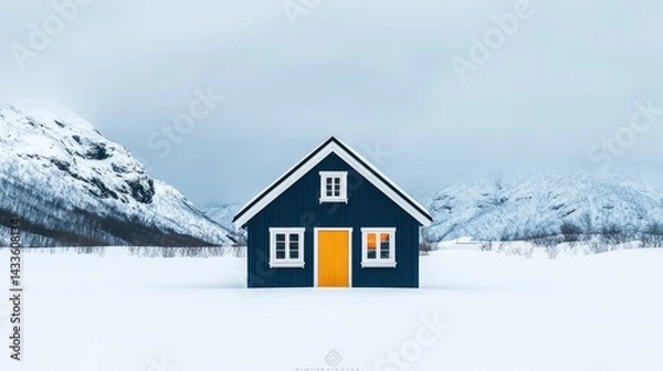 Fototapeta A solitary blue house with an orange door stands amidst a snowy landscape, surrounded by mountains under a cloudy sky.
