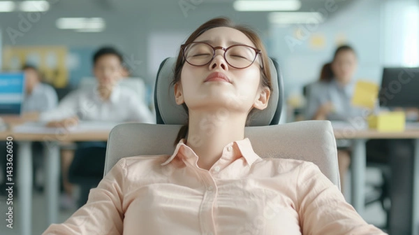Fototapeta Young woman relaxing in office chair, taking a break from work with eyes closed, serene atmosphere, modern office environment