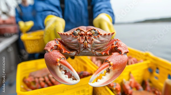 Fototapeta Fisherman Holding Lobster Above Yellow Baskets on Boat in Calm Waters During Daytime