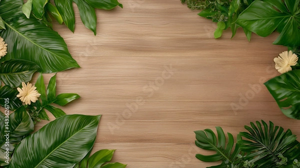 Fototapeta Lush Green Leaves and Light Floral Accents on Wooden Background for Natural Decor and Design Concepts
