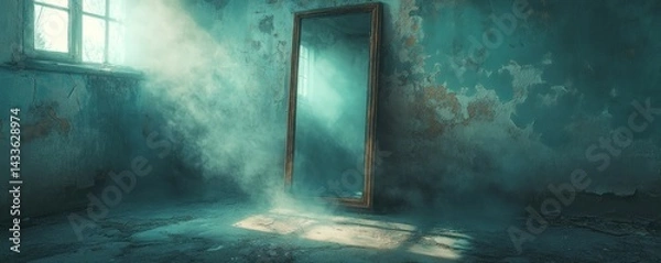 Fototapeta Sunlit, misty abandoned room with a large mirror