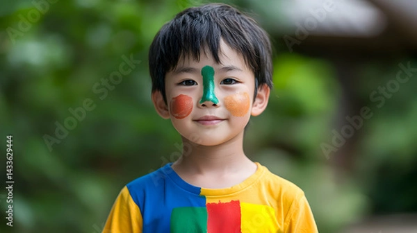 Obraz Smiling Asian Boy With Painted Face in Colorful Shirt Posing for Portrait in Green Garden Background
