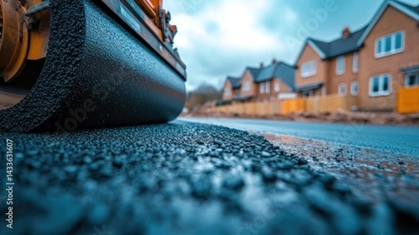 Fototapeta A close-up of a road roller working on a new asphalt road in front of a row of newly built houses.