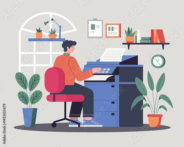 Fototapeta Illustration of a man using a printer in a cozy office space with shelves and plants, ideal for business or workplace themes.