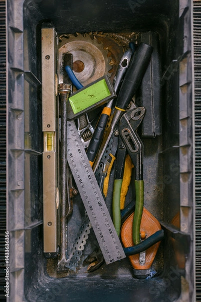 Obraz Top view of plastic box with appliance fixing tools. Toolbox with repair tools neatly arranged on a flat surface, essential equipment for home maintenance.