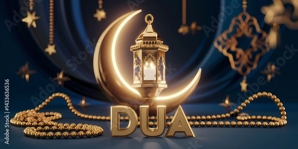 Fototapeta Luxurious Ramadan crescent embracing Golden lantern shining stars detailed rosary elegant 3D gold Dua typography in warm mystical cinematic setting embodying spirituality serenity and festive devotion