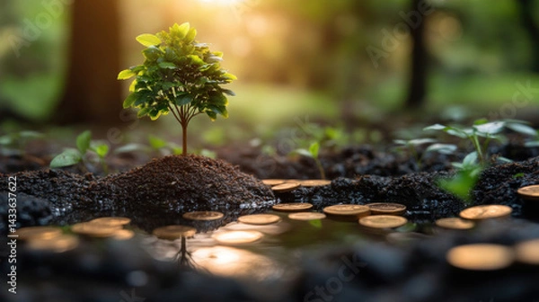Obraz Tree icon growing from bank account graphic representing green investing