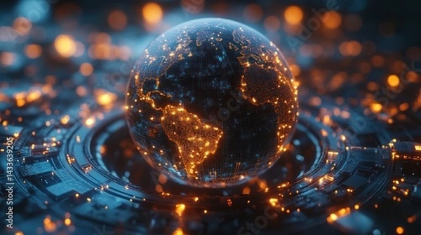 Fototapeta Glowing earth globe surrounded by abstract blue and orange lights in a futuristic setting.