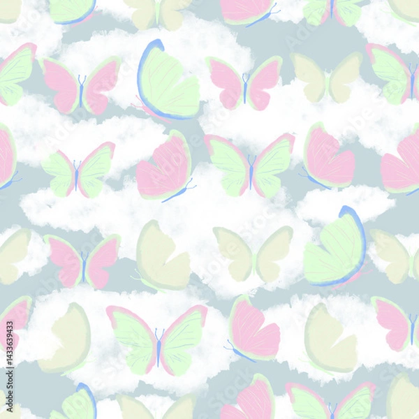 Fototapeta Dreamy Pastel Butterflies and Clouds Seamless Pattern with Soft Whimsical Nature Design
